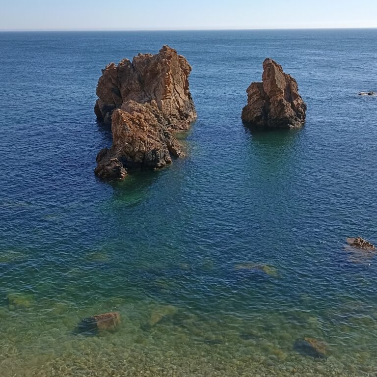 Impressive rock islands off the coast along the Atlantic Wild Hike trail.