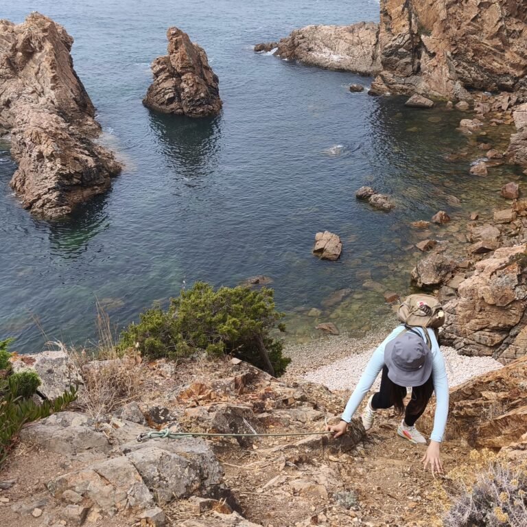 Hikers crossing rocky paths with ocean views on the Atlantic Wild Hike.