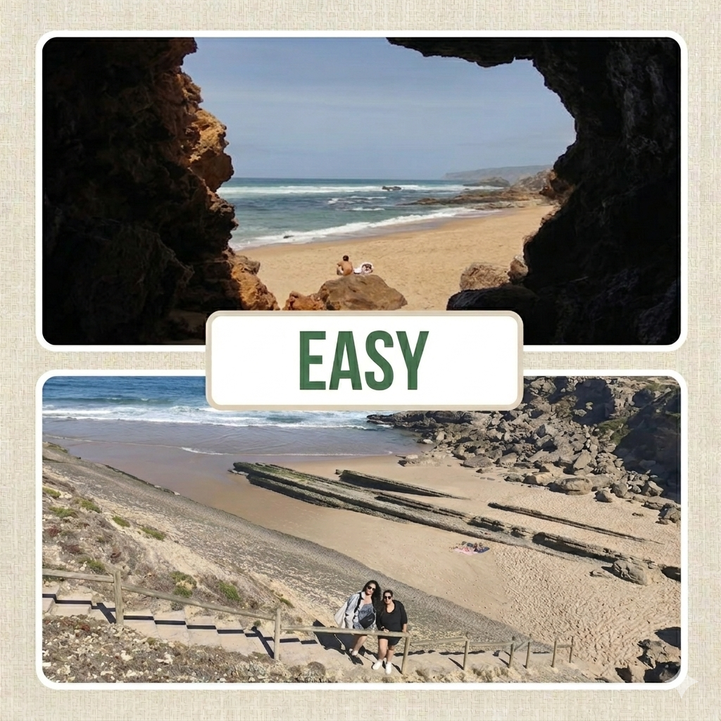 Private tour to a Cascais secret beach with easy access. The top image shows a hidden sandy cove viewed from inside a natural rock cave. The bottom image shows a scenic staircase leading down to a wild beach in Cascais, perfect for a secluded swim experience away from summer crowds.