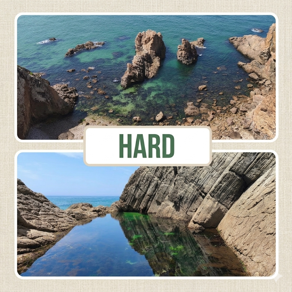 Isolated swim and cliff jumping tour with two split photos of secluded swim locations. The top photo is an aerial view of a rugged, private pebble beach in Cascais. The bottom photo shows a pristine natural tidal pool with crystal clear emerald water, labeled "HARD".