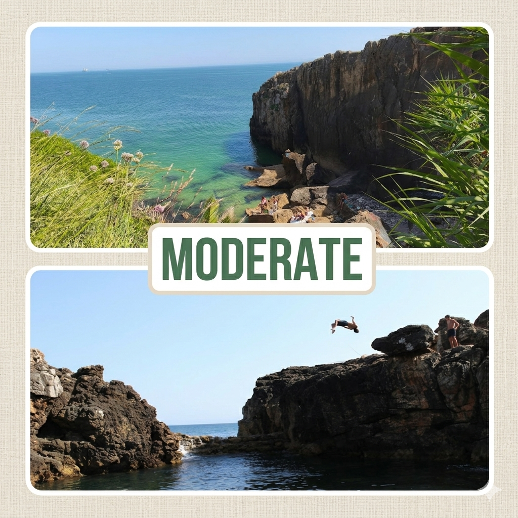 Exclusive adventure tour with two split photos of active, moderate-access secluded swim spots. The top photo is a hidden turquoise ocean fjord in Cascais with coastal grasses, perfect for snorkeling. The bottom image captures an adventurous backflip cliff jump into a deep natural pool, labeled "MODERATE".